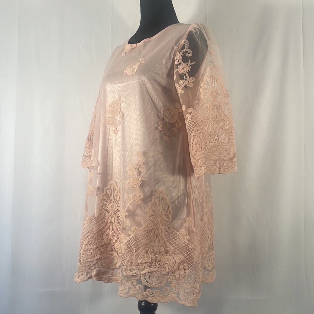 Simply Couture Pink Floral Layered sheer lace Baby doll, Tunic Dress,Size Small - Picture 2 of 11